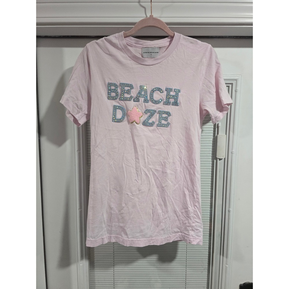 Distressed Vintage Couture Kids Pink Beach Daze Rhinestone Starfish T-Shirt S
